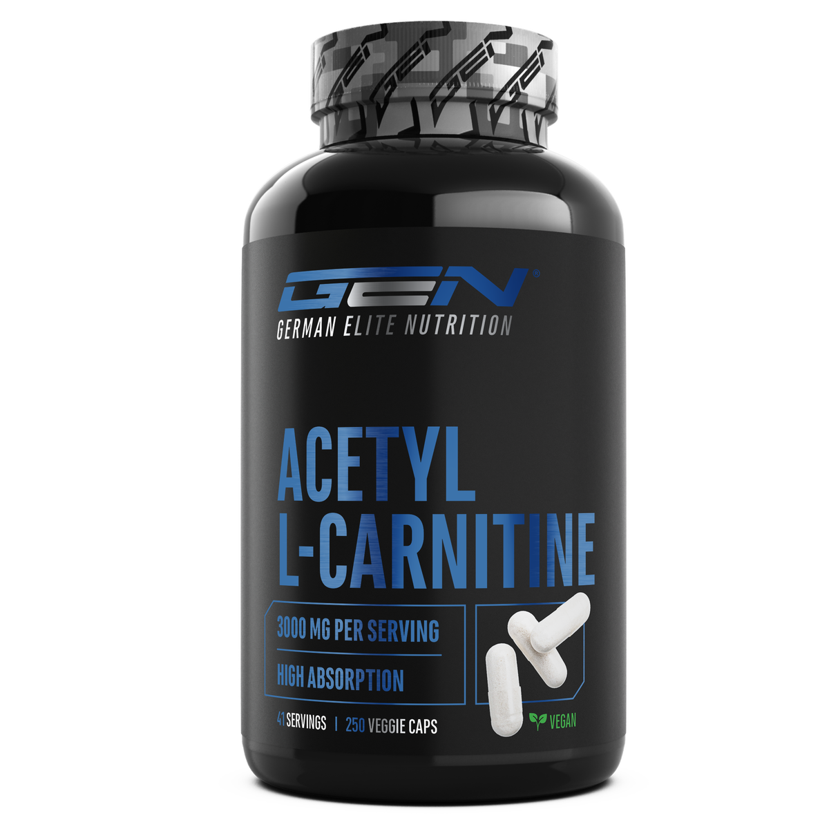 Eine schwarze Flasche mit der Aufschrift Acetyl L-Carnitin mit Text im Bild: "3000 mg", "8 Portionen", "250 vegane Kapseln"; zwei weiße Kapseln und ein Vegan-Symbol sind abgebildet.