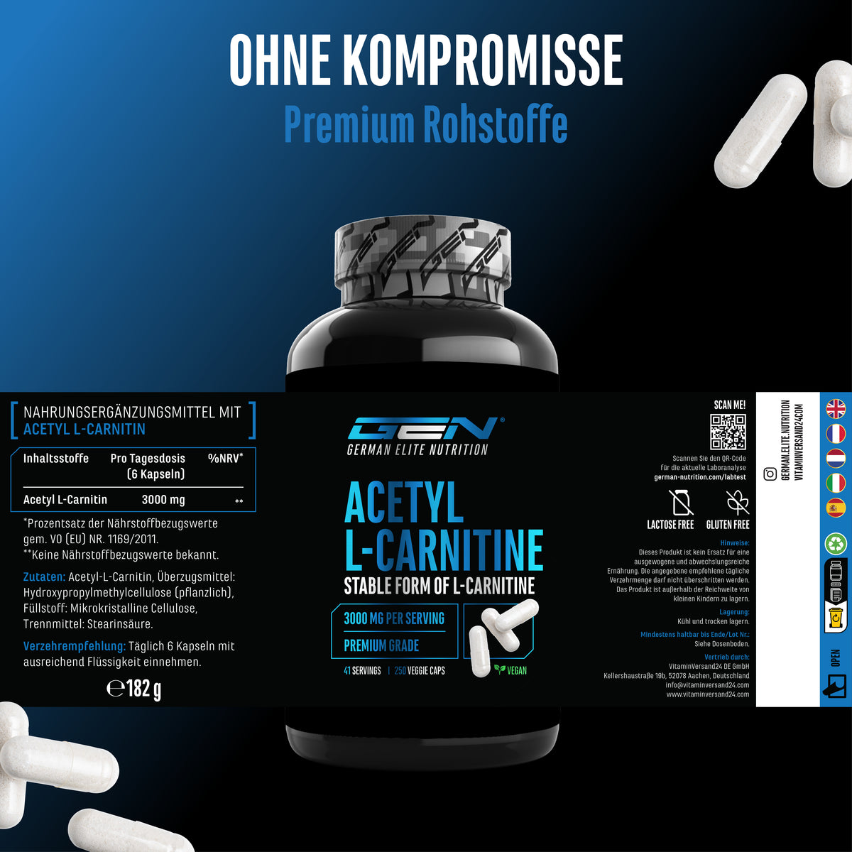 Een zwarte fles met blauwe accenten met de opschrift Acetyl L-Carnitine staat tussen witte capsules op blauwe en zwarte achtergrond; tekst in afbeelding: "Premium grondstof" in Duits en Engels, met symbolen.