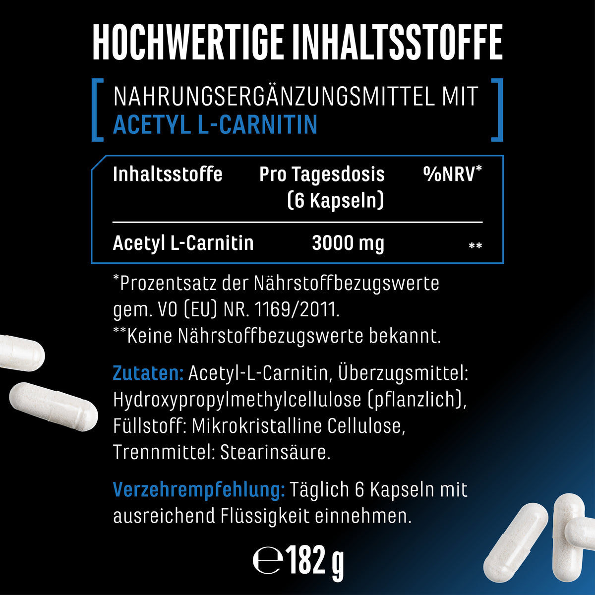 Acetyl L-Carnitine verpakking; Tekst in afbeelding: ingrediënten, 3000 mg/6 capsules, gebruiksaanwijzing, 182 g.