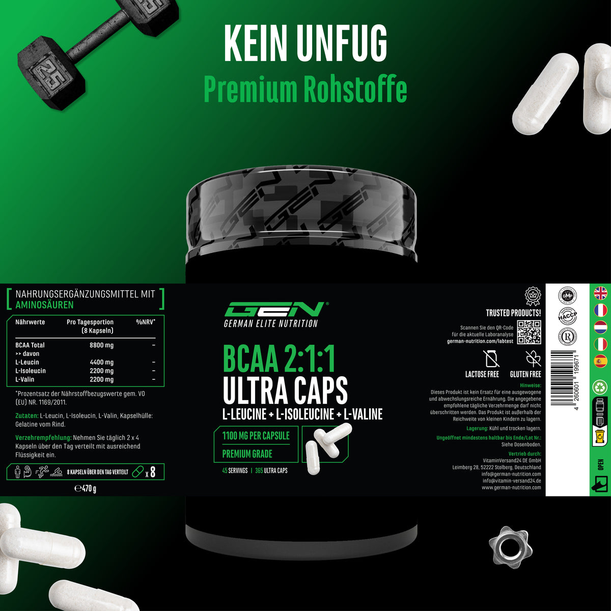 BCAA 2:1:1, 365 Capsules