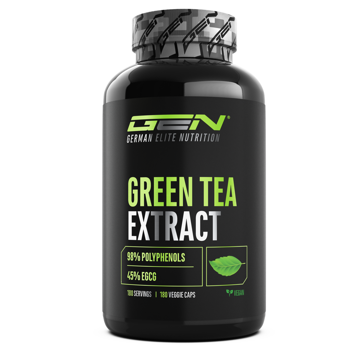 Eine schwarze Flasche mit der Aufschrift German Elite Nutrition Green Tea Extract; Text auf dem Bild: "98 Polyphenole", "45 EGCG", "180 Veggie-Kapseln", "vegan".