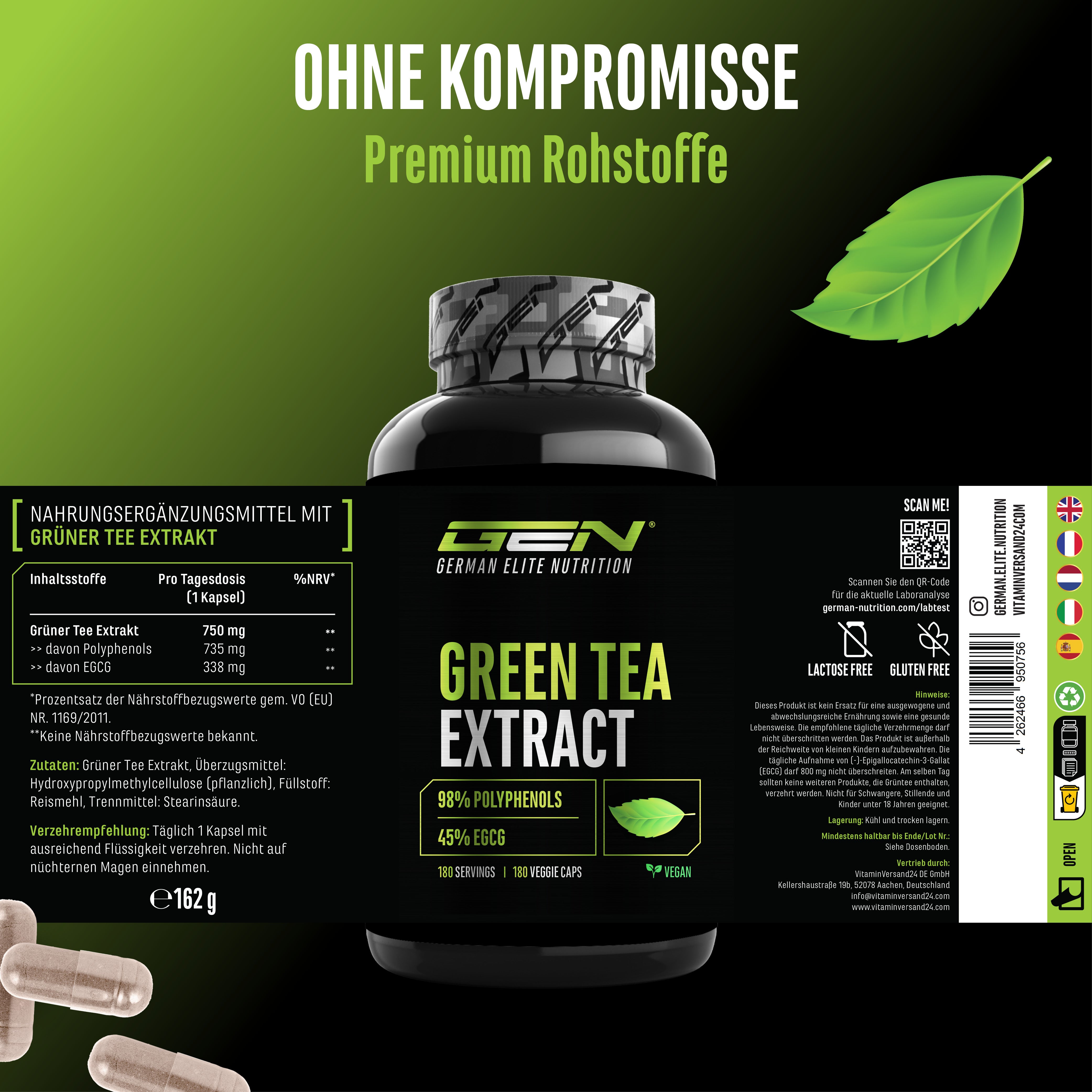 Butelka German Elite Nutrition Green Tea Extract z kapsułkami na zielonym tle; Tekst na obrazie: 98 polifenoli, 45 EGCG, ikony dla wegańskiego, bez laktozy, bez glutenu.