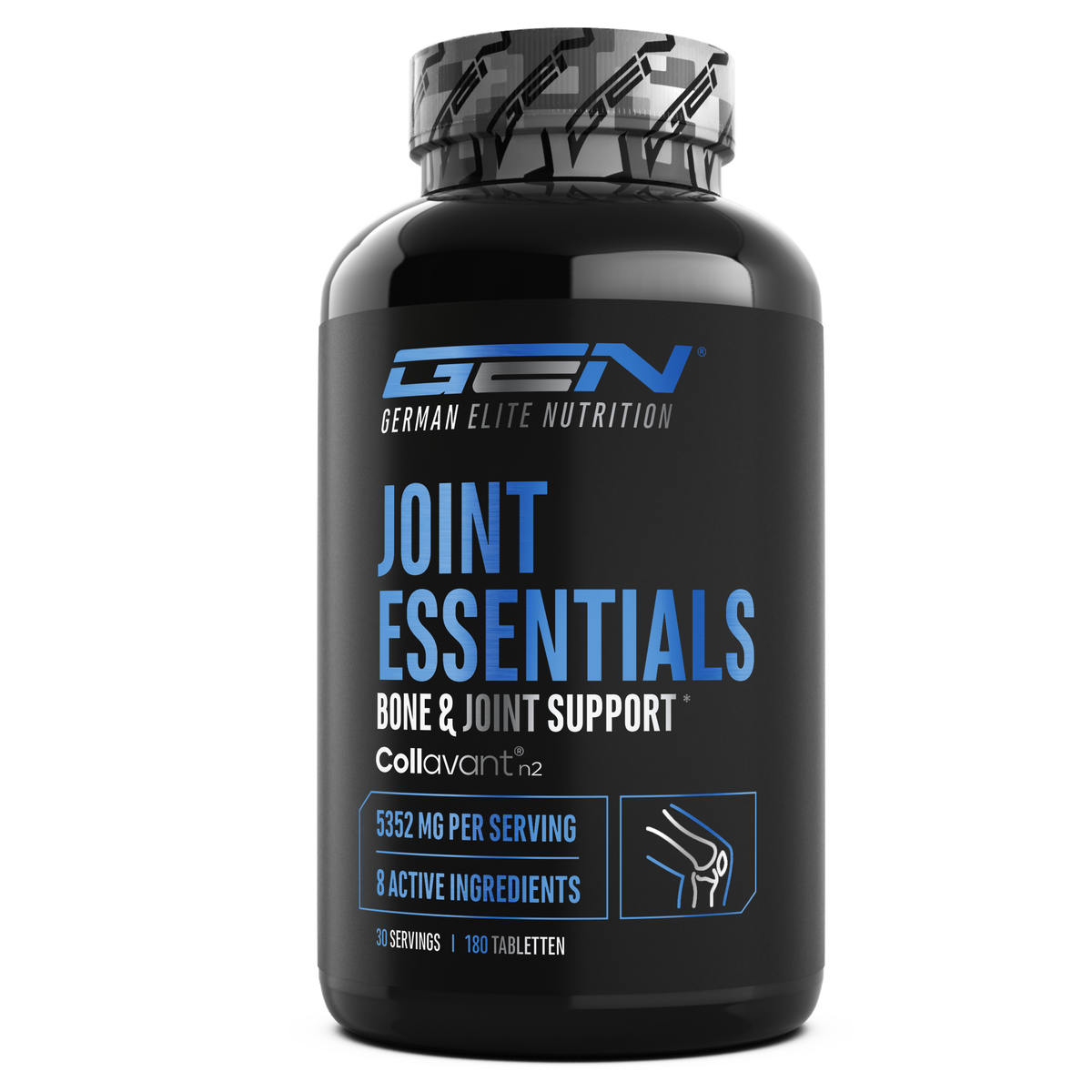 Eine schwarze Flasche mit blauem und weißem Text; Text im Bild: "German Elite Nutrition Joint Essentials" und Inhaltsstoffe.