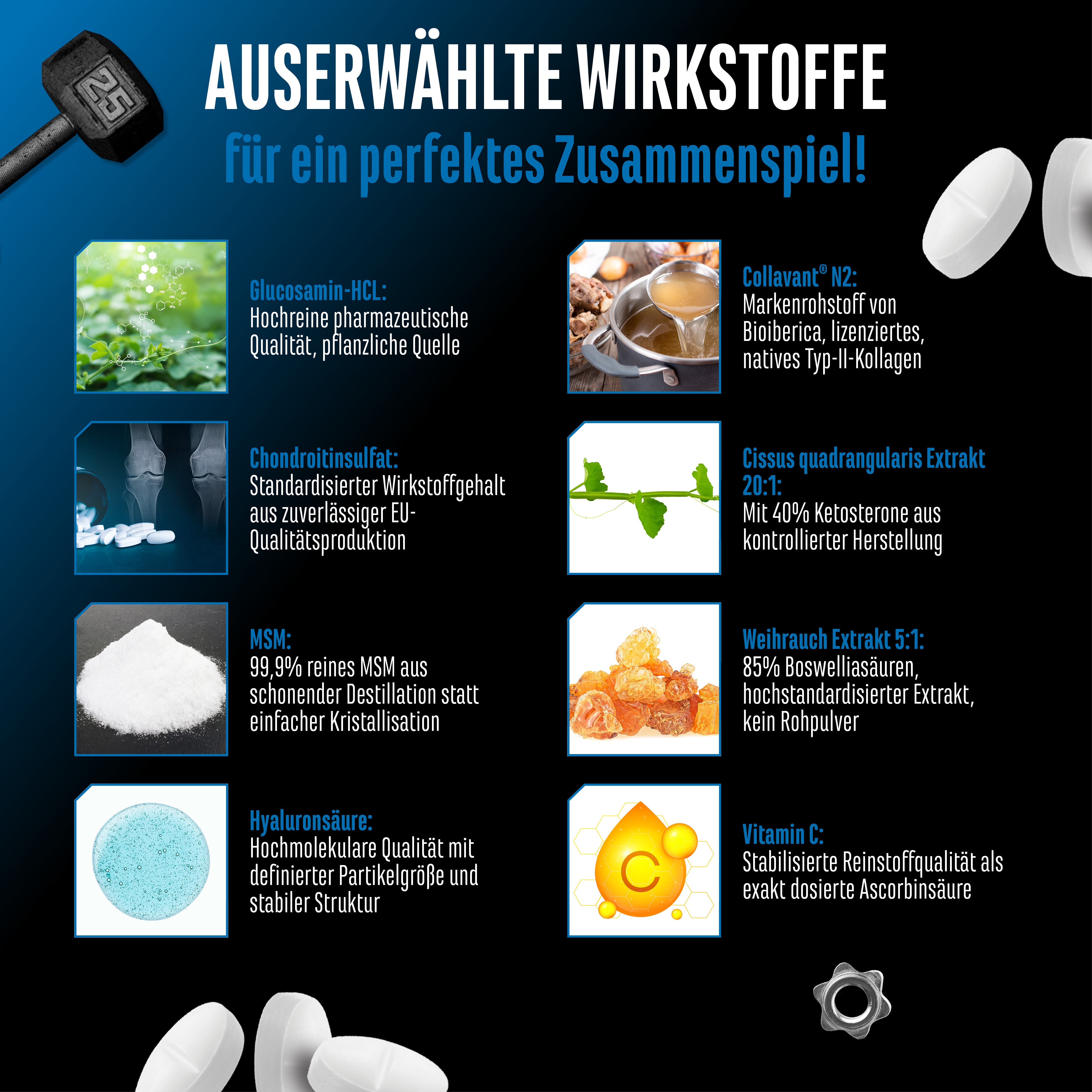 Sechs Kästchen mit kleinen Bildern zu Inhaltsstoffen, Text in der Bildmitte: "8 Wirkstoffe, 180 Tabletten".