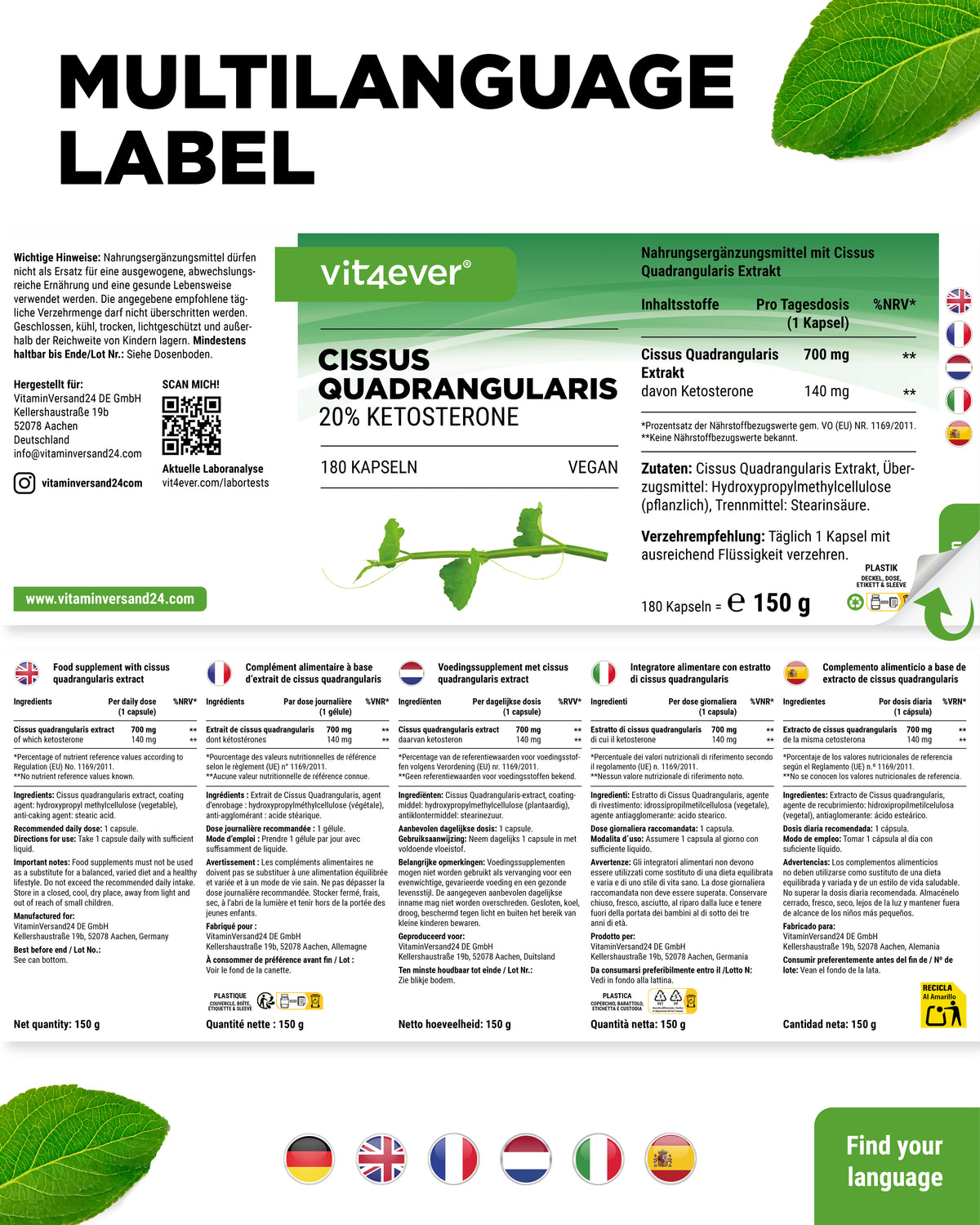 Cissus Quadrangularis - 725 mg Extract - 40% Ketosterones