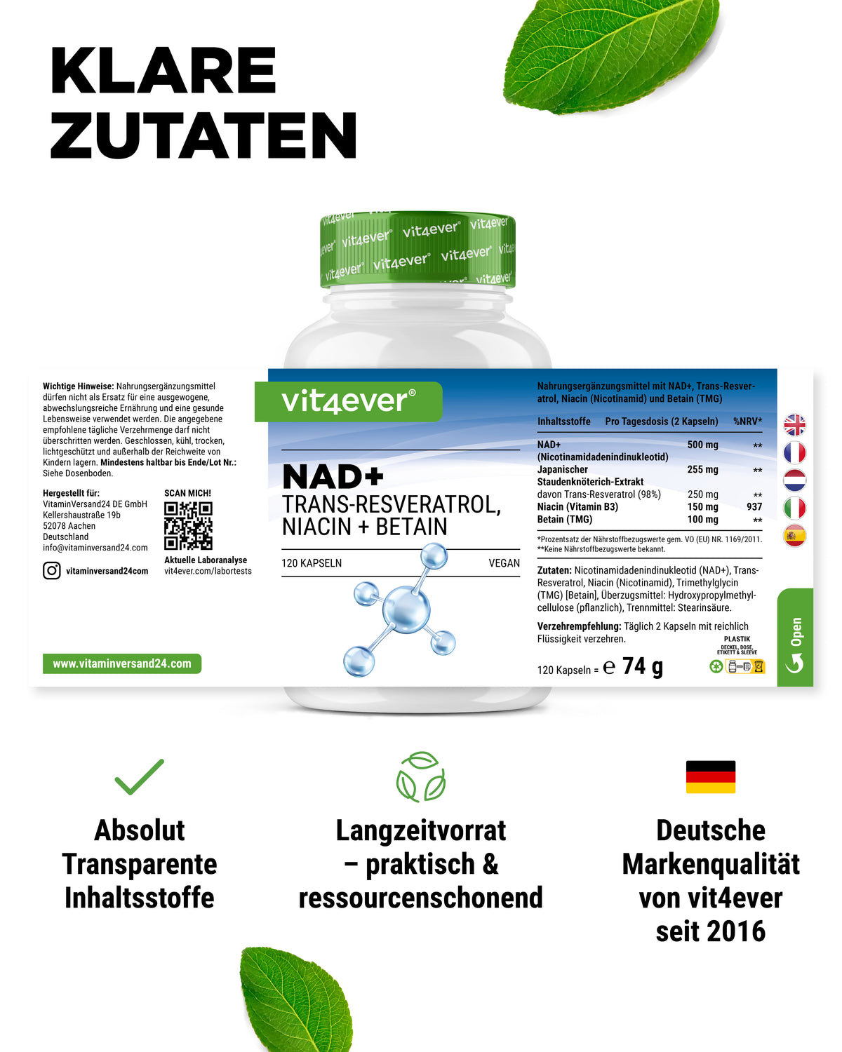 NAD+ mit Trans-Resveratrol, Niacinamid & TMG
