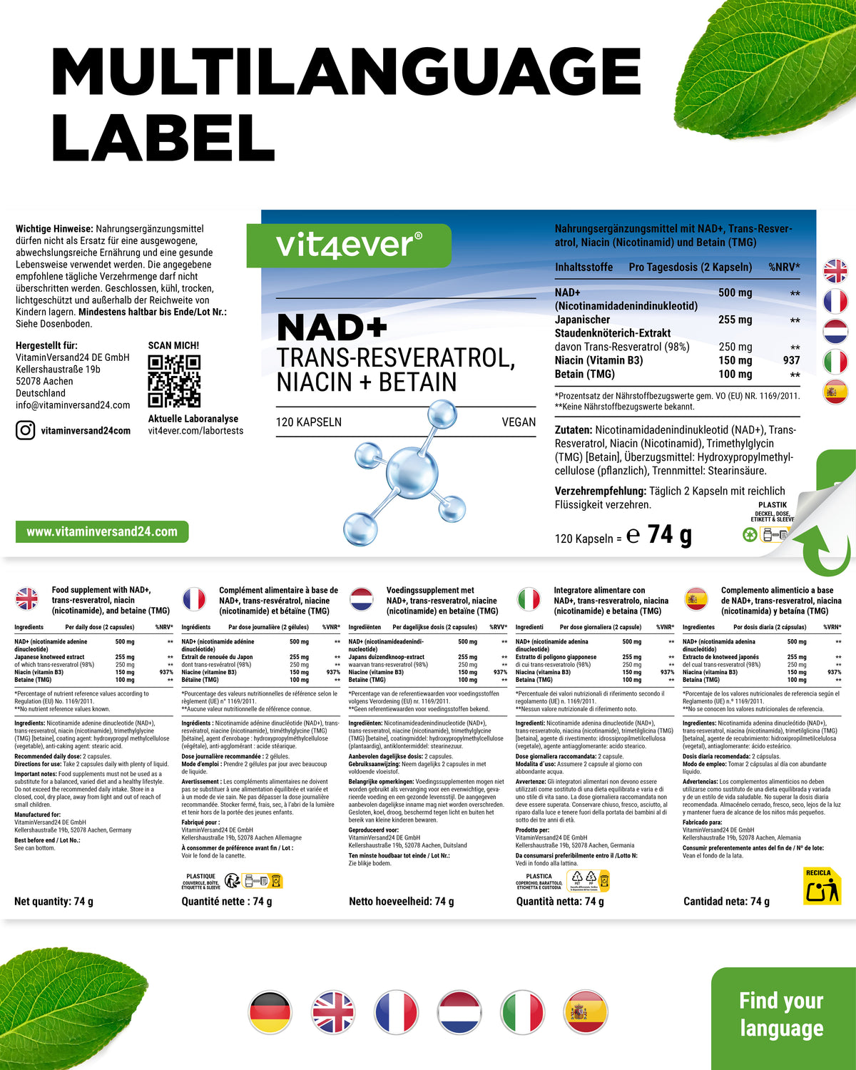 NAD+ mit Trans-Resveratrol, Niacinamid & TMG