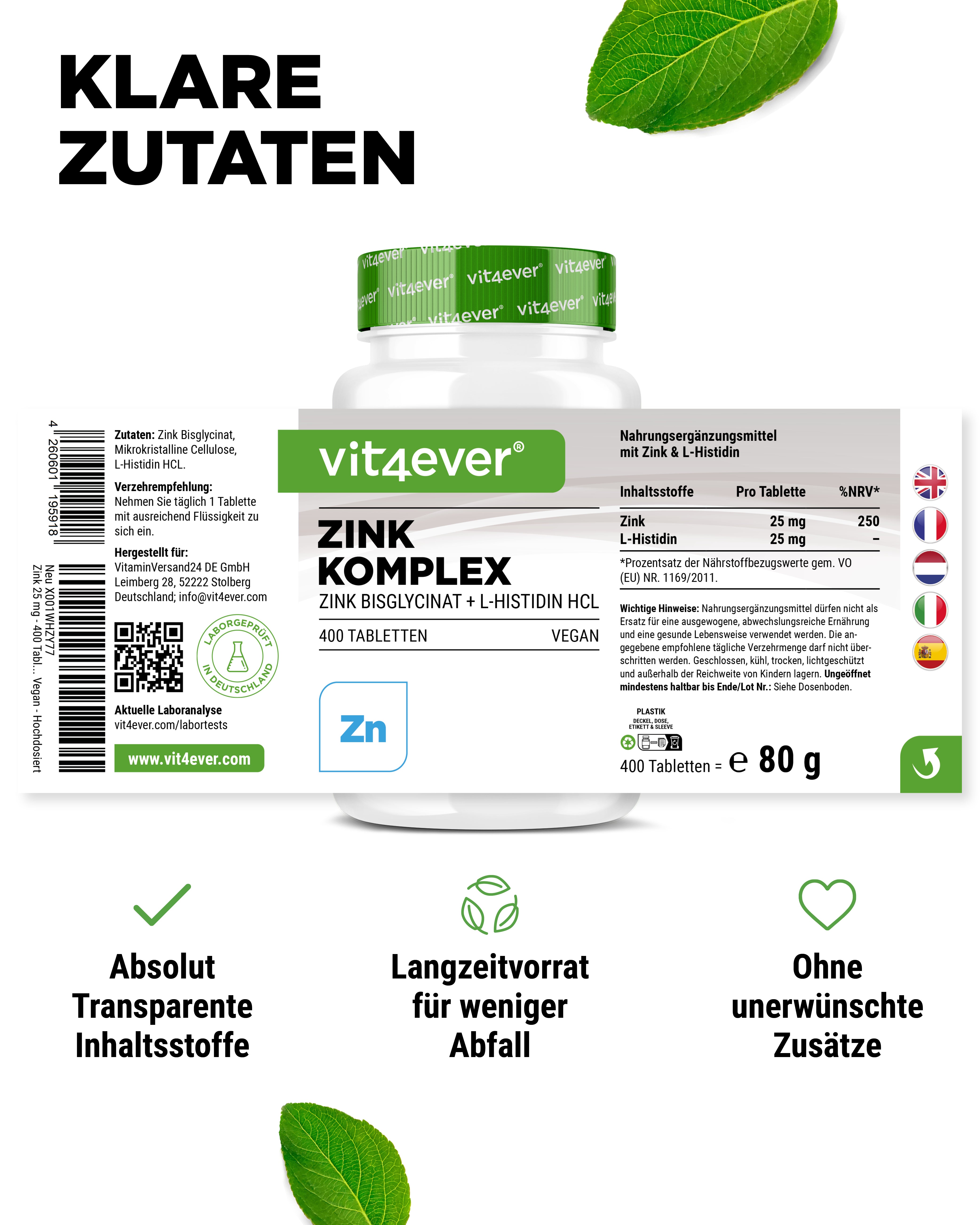 Zink 25 mg Komplex mit Bisglycinat + L-Histidin