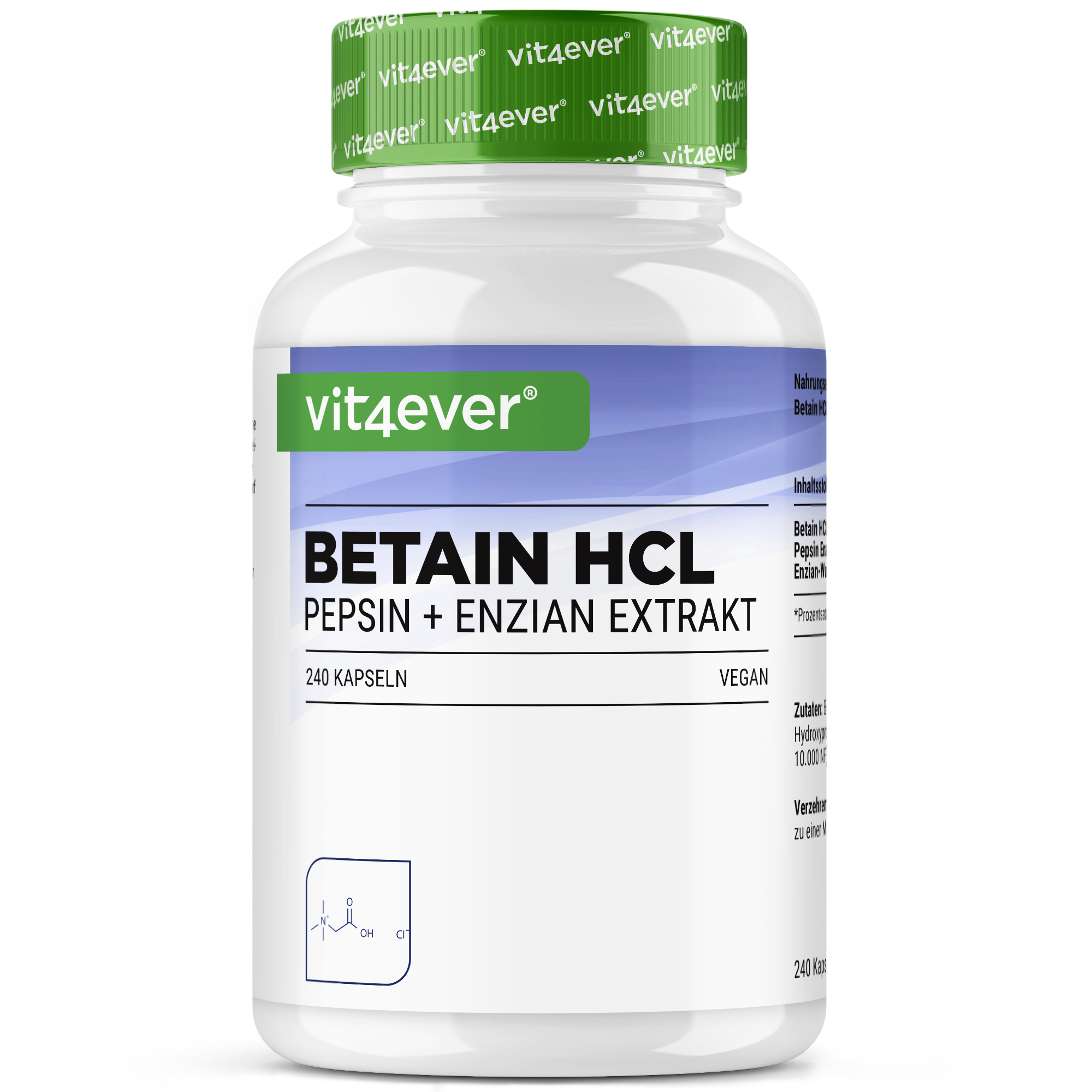 Betaina HCL, 240 capsule da 695 mg con pepsina + estratto di genziana