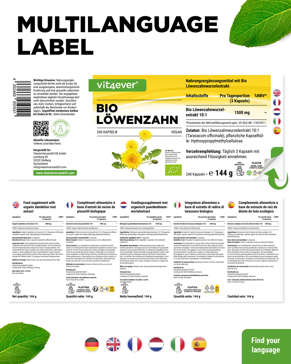Diente de león orgánico - 500 mg