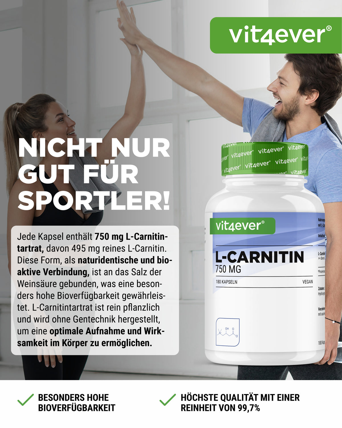 L-Carnitin - 180 vegane Kapseln, 100% L-Carnitin Tartrat ohne Zusätze