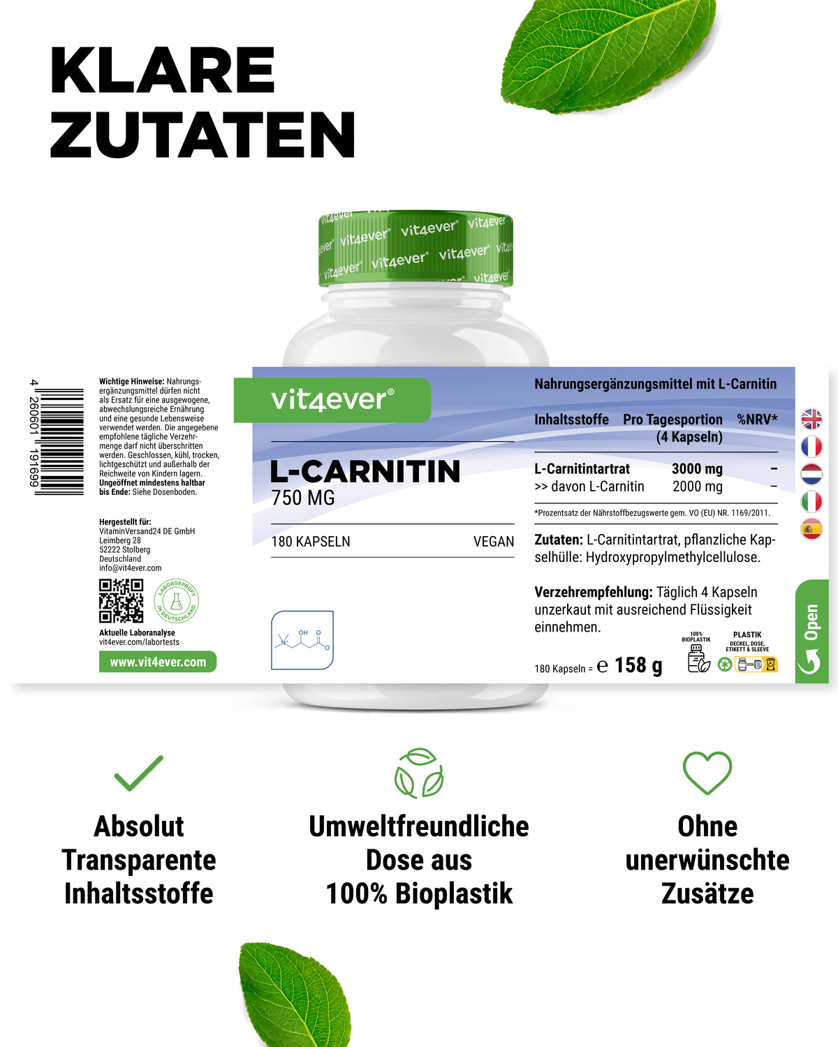 L-Carnitina - 180 capsule vegane, 100% tartrato di L-Carnitina senza additivi