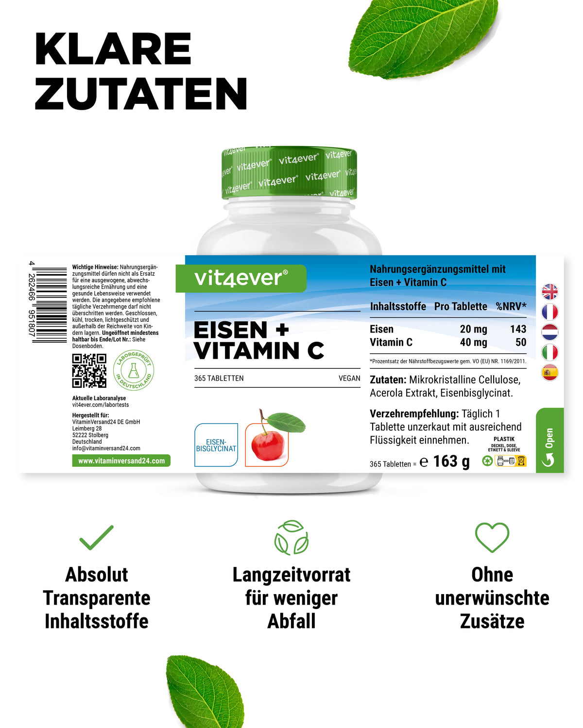 Eisen + Vitamin C - Eisenbisglycinat- 365 Tabletten
