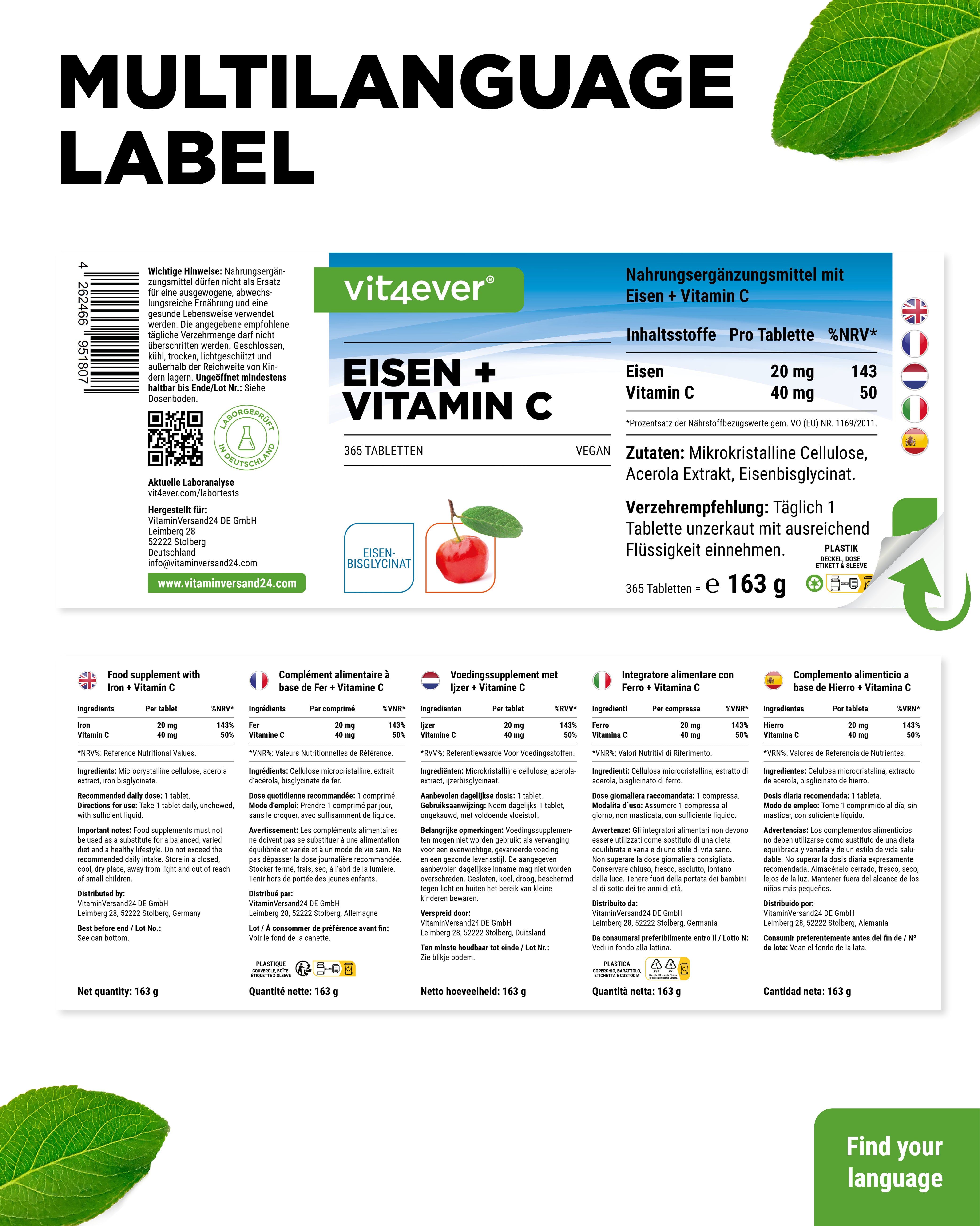 Eisen + Vitamin C - Eisenbisglycinat- 365 Tabletten