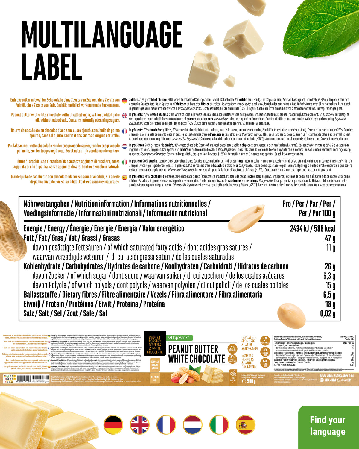 Erdnuss + weiße Schokolade, 500 g