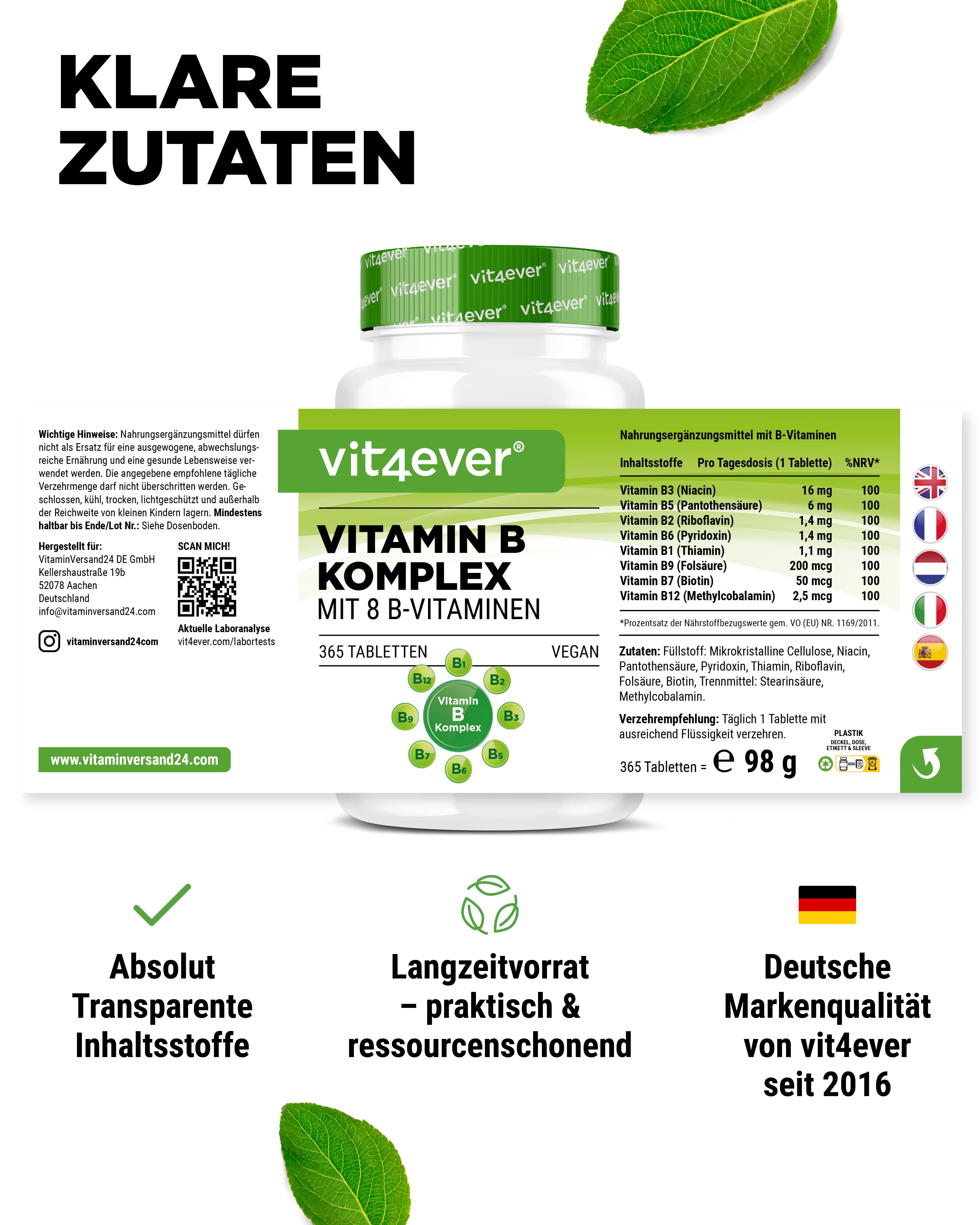 Vitaminen B Complex - 8 B-Vitaminen - 365 tabletten