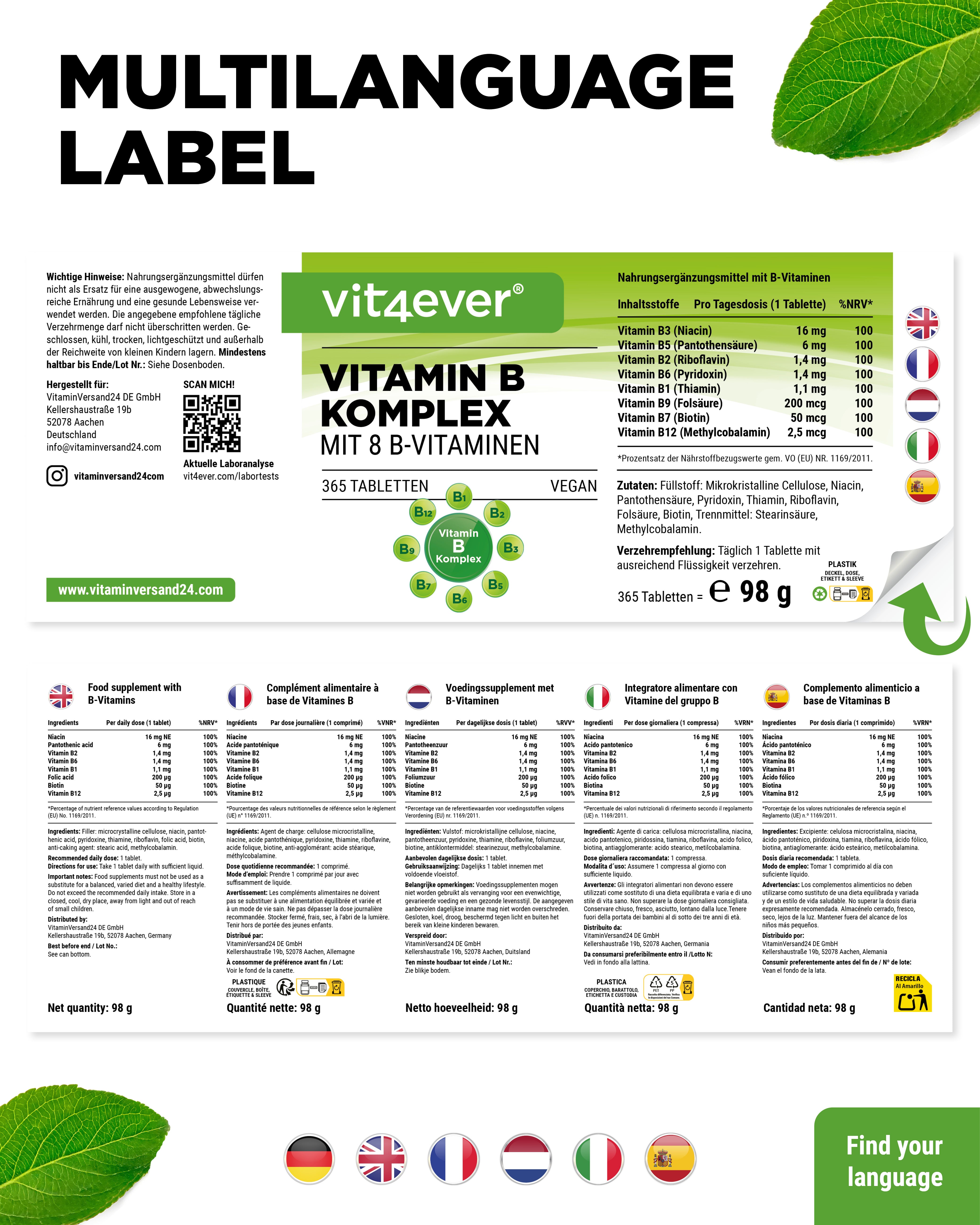 Vitaminen B Complex - 8 B-Vitaminen - 365 tabletten