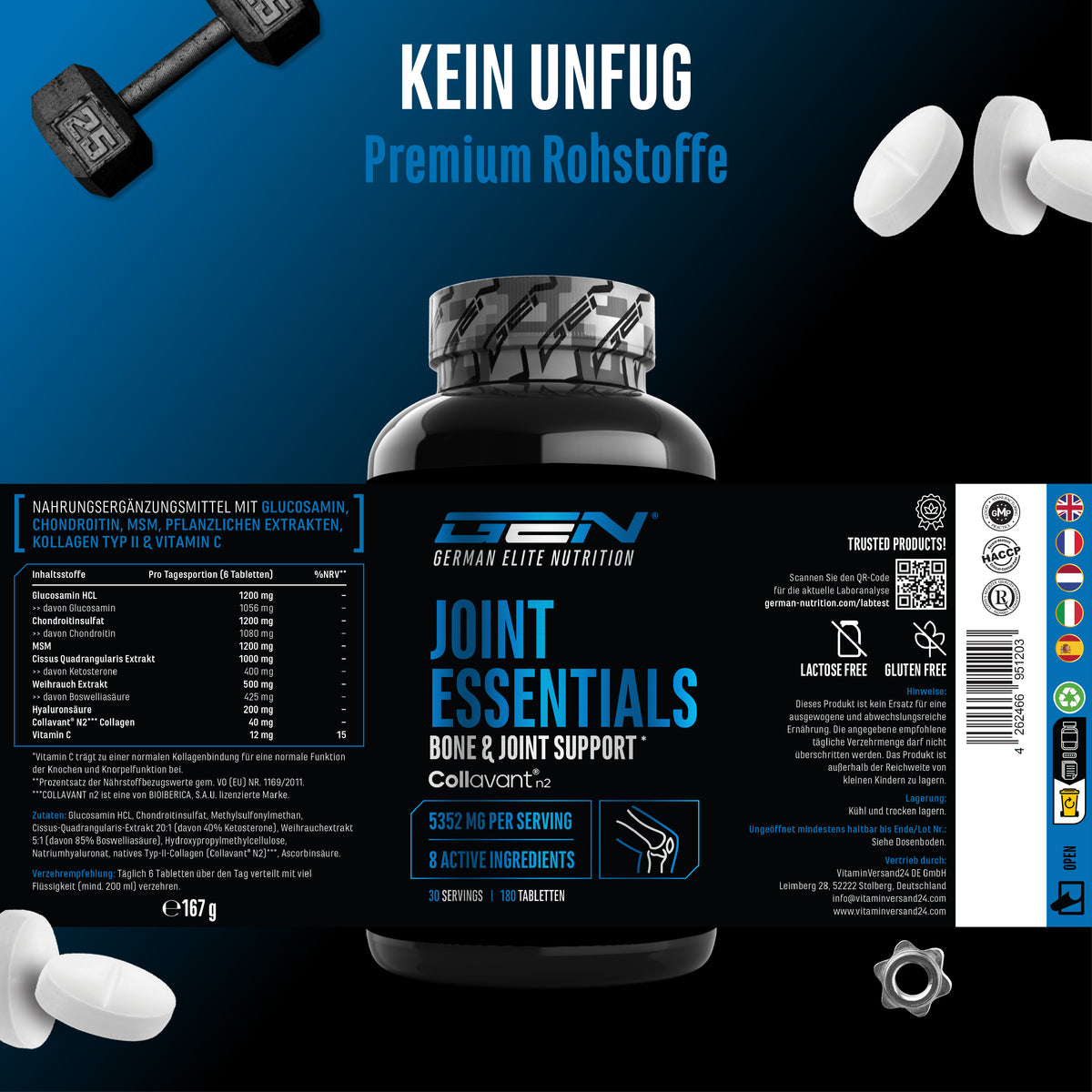 Eine Flasche Joint Essentials steht in der Mitte eines blau-schwarzen Hintergrunds, daneben befinden sich weiße Tabletten und eine Hantel. Text im Bild: "MSM", "Glucosamin", "8 Wirkstoffe", "180 Tabletten".