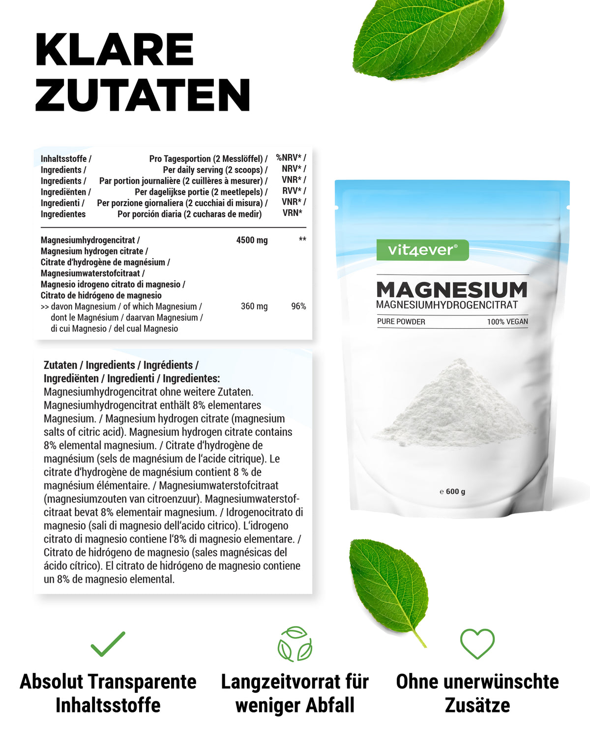 Magnésium Pure - poudre - 100 % hydrogénocitrate de magnésium