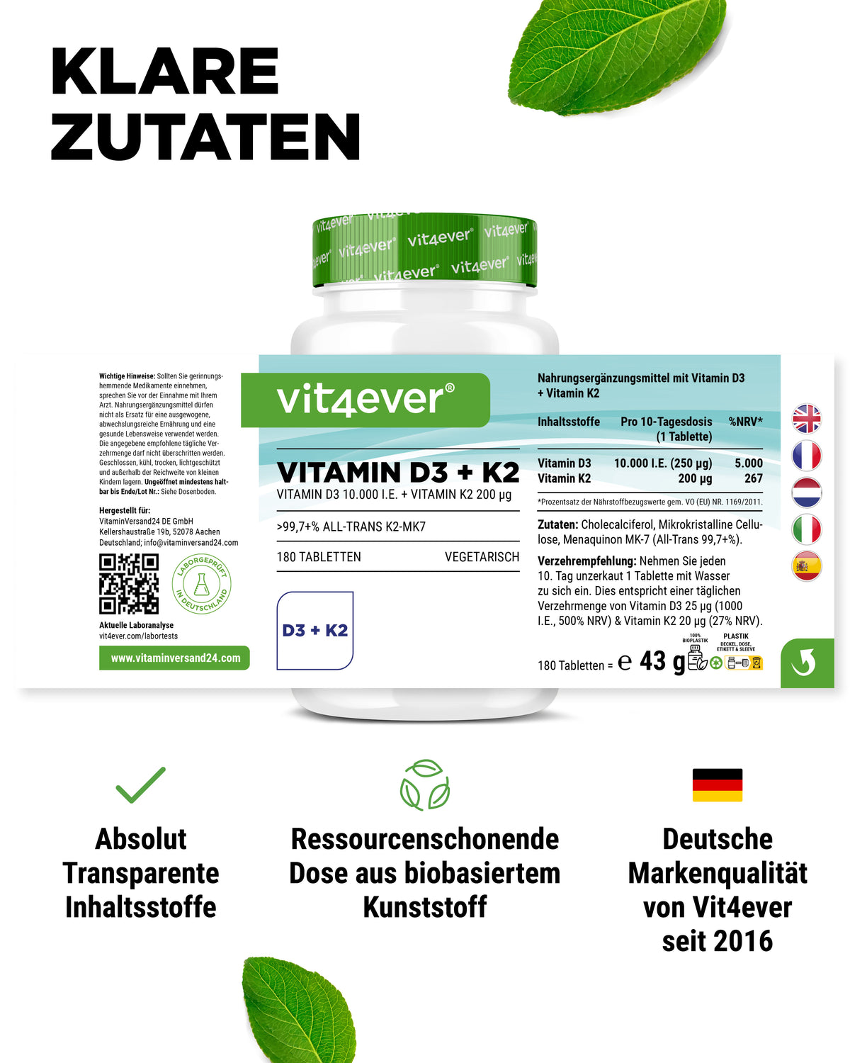Vitamina D3 10.000 UI + Vitamina K2 200 mcg