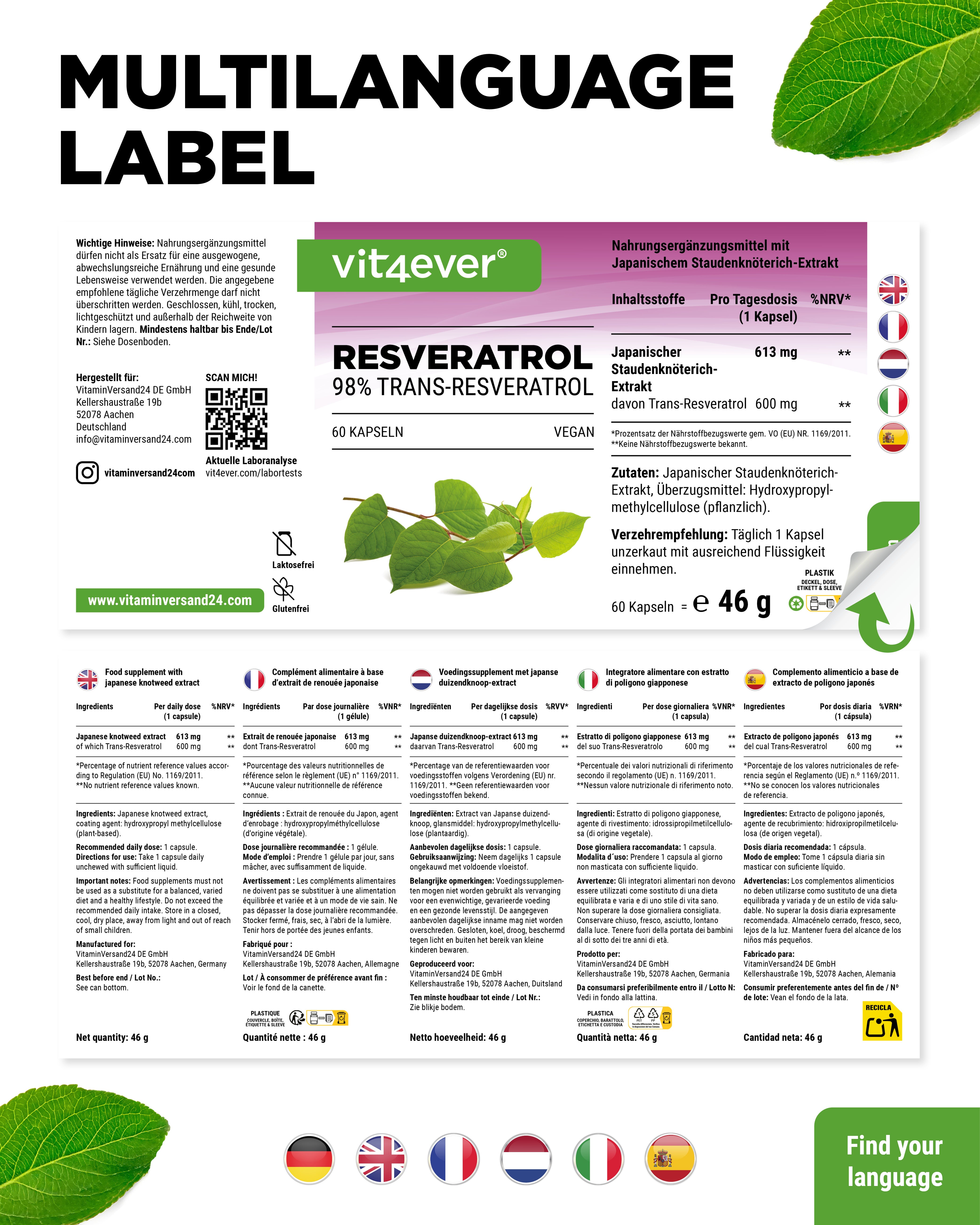 Resveratrol - 500 mg - 98% Trans-Resveratrol