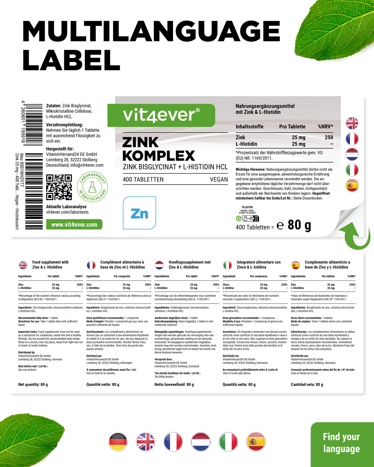 Zink 25 mg Komplex mit Bisglycinat + L-Histidin