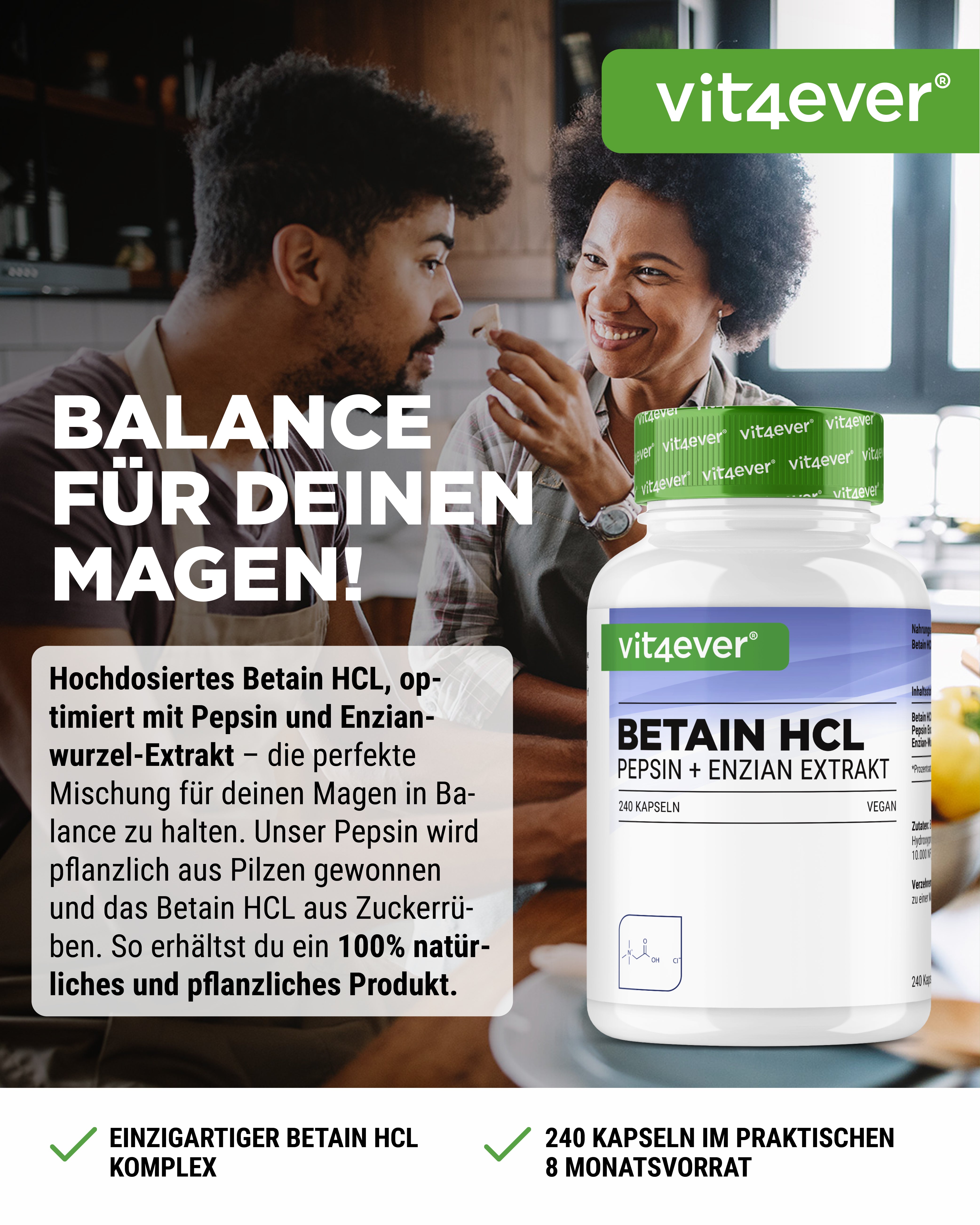 Betaina HCL, 240 capsule da 695 mg con pepsina + estratto di genziana