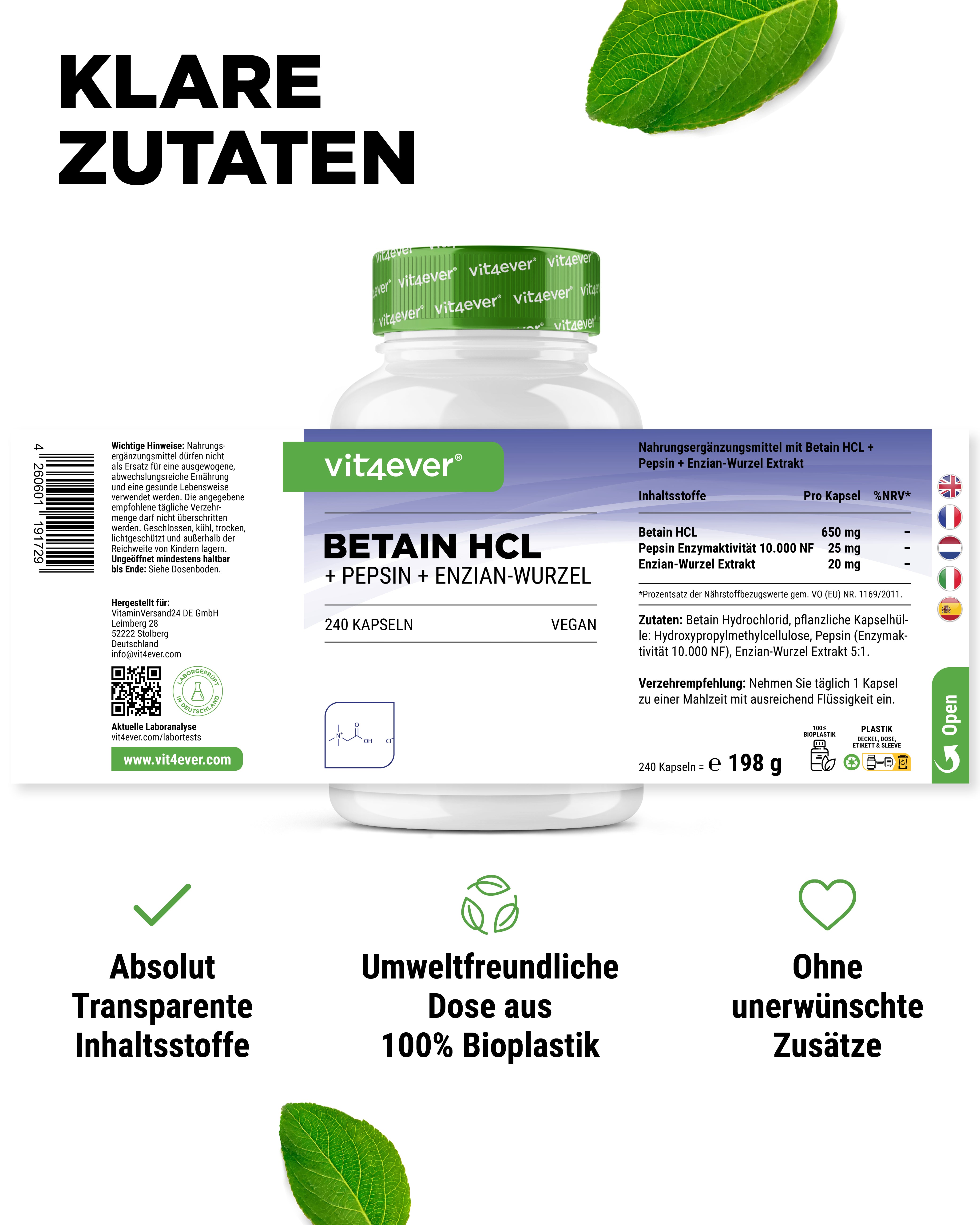 Betaina HCL, 240 capsule da 695 mg con pepsina + estratto di genziana