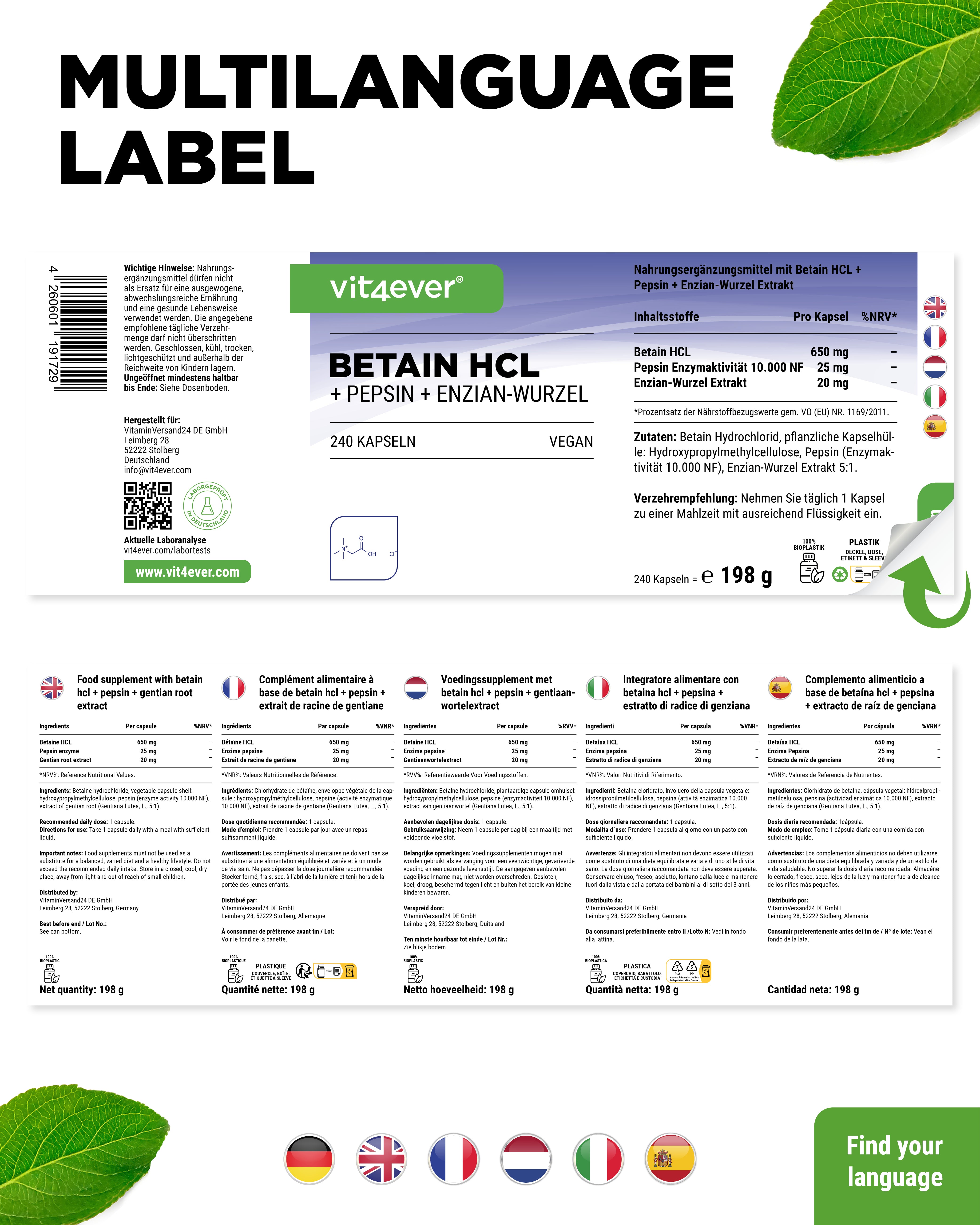 Betaina HCL, 240 capsule da 695 mg con pepsina + estratto di genziana