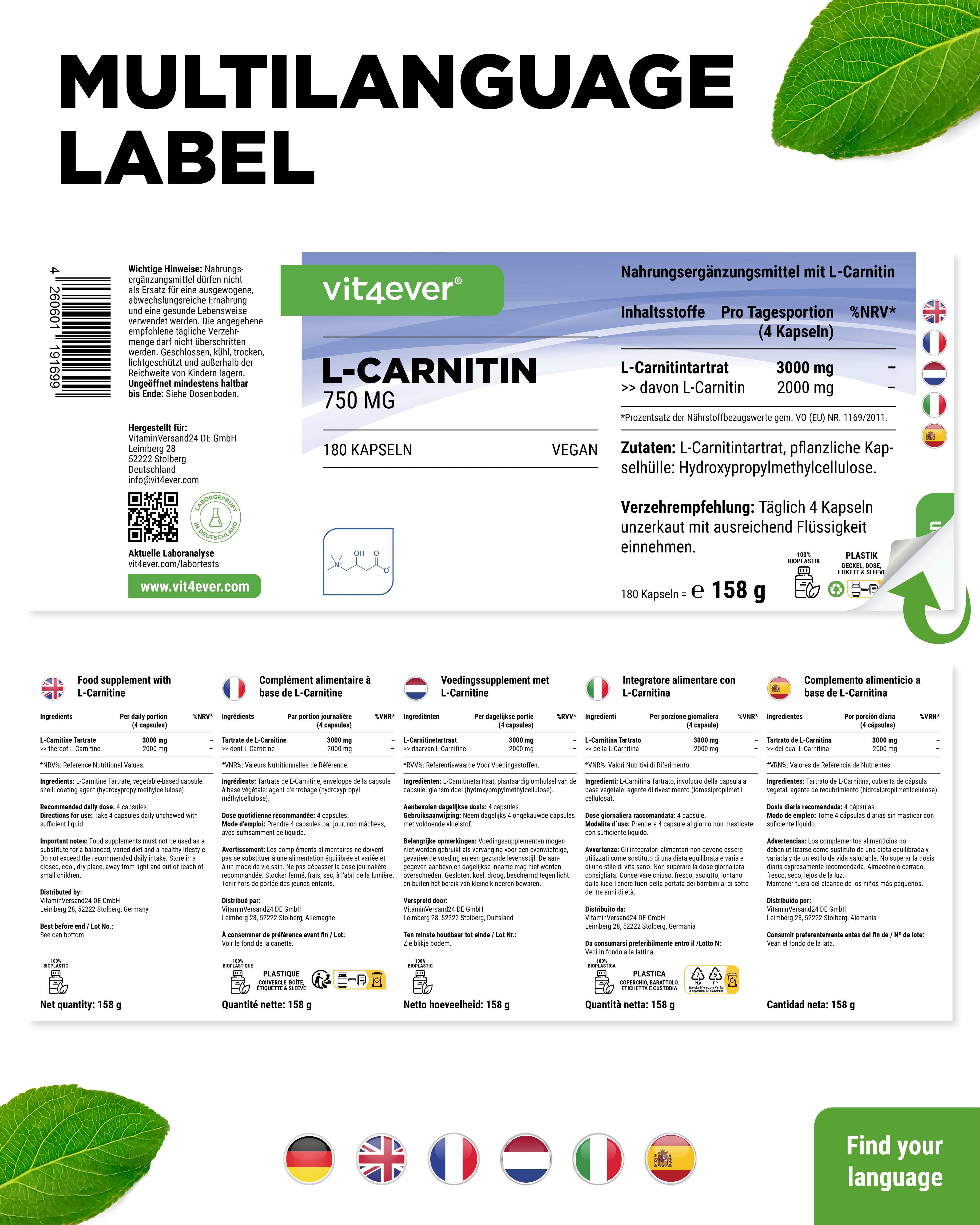 L-Carnitina - 180 capsule vegane, 100% tartrato di L-Carnitina senza additivi