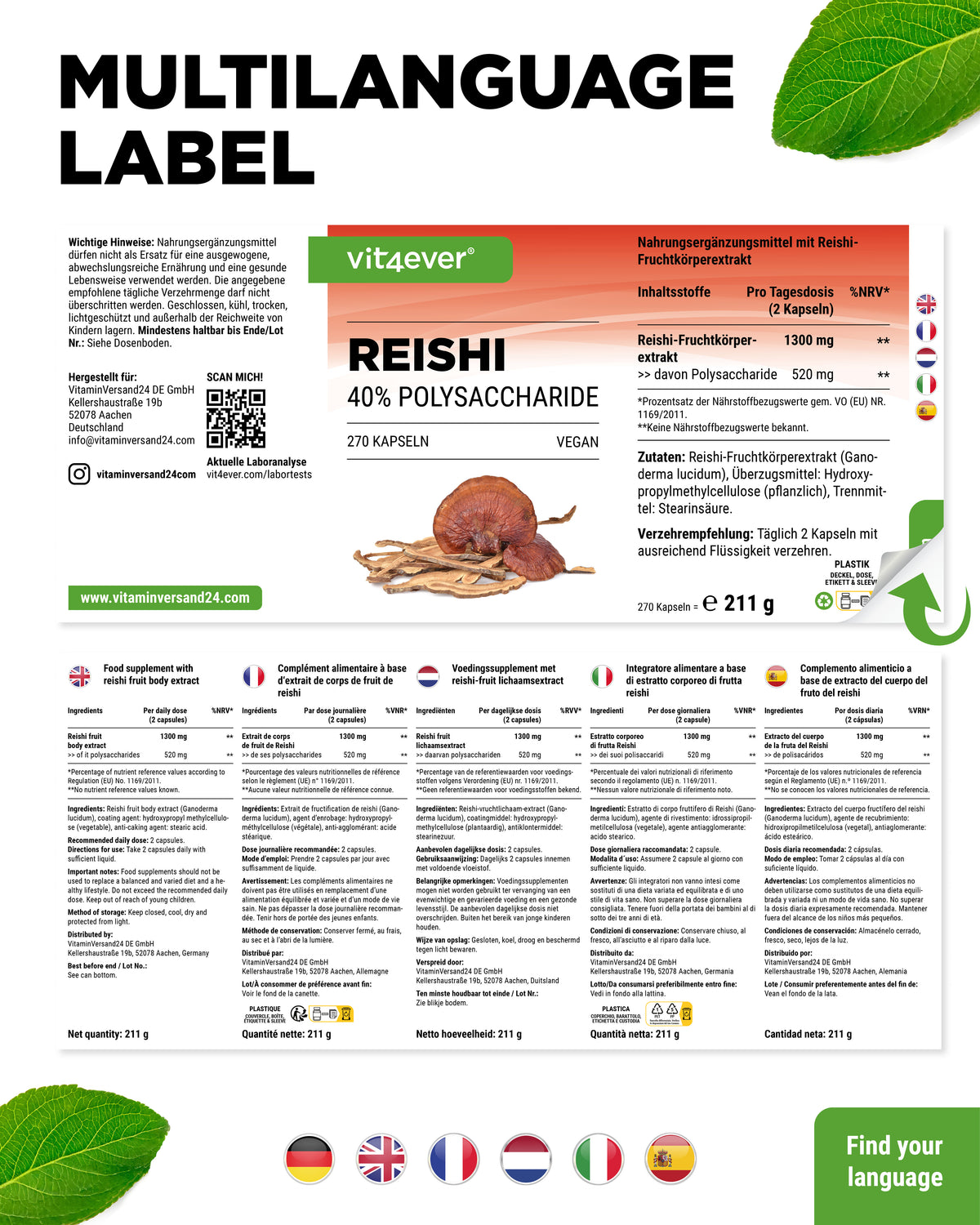 Reishi Intenso Hongo - 650 mg de extracto - 40 % de polisacáridos bioactivos